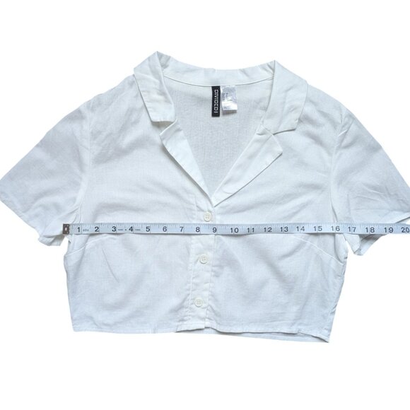Simons White Cropped Linen T-Shirt with Buttons Women Size Medium - Picture 7 of 9